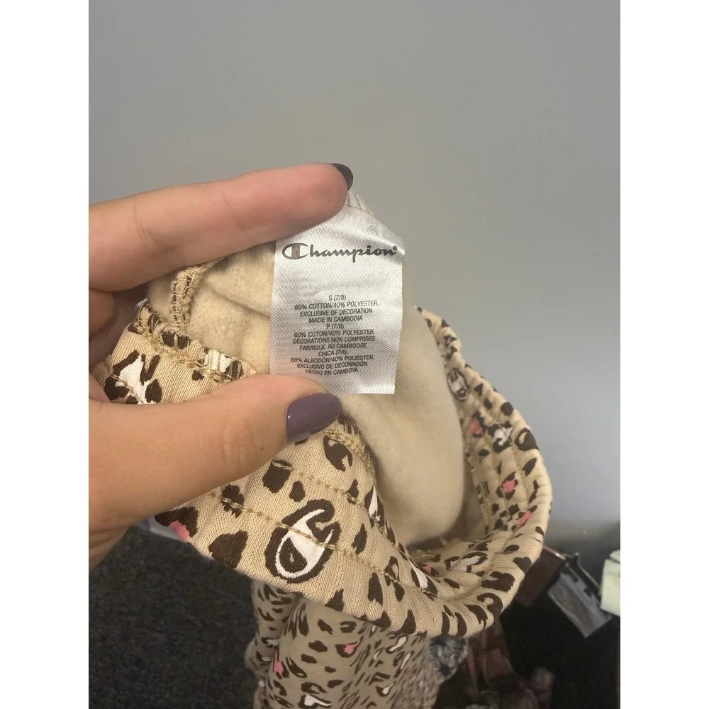 Champion Girls Leopard Heart Print Fleece Joggers Tan Pink Size S 7/8 Kids